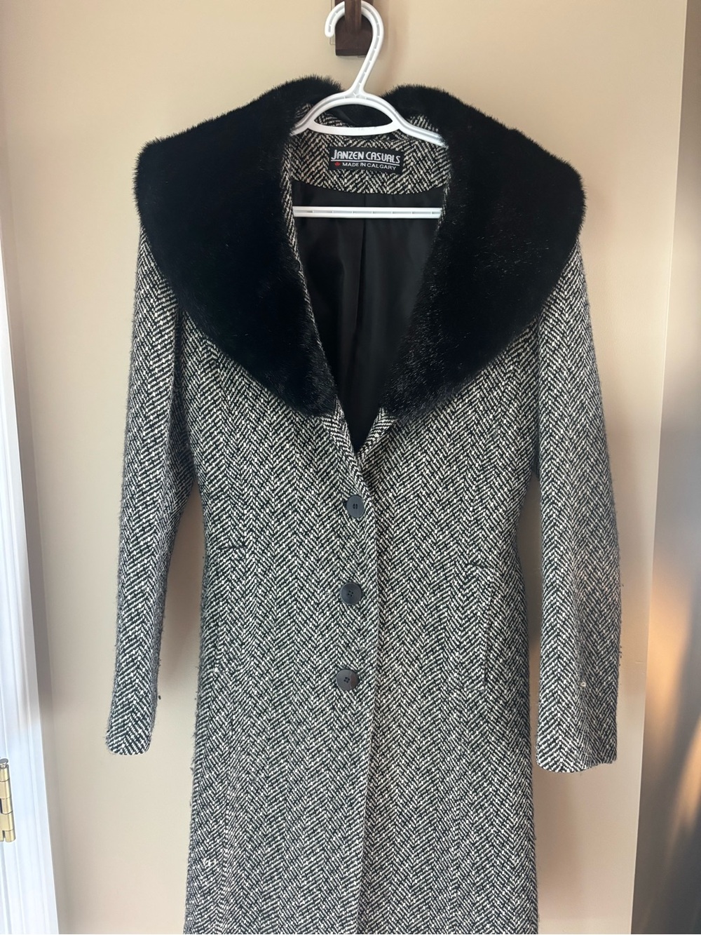 Janzen Casuals Herringbone Coat with Faux Fur Collar | Made in Calgary| S